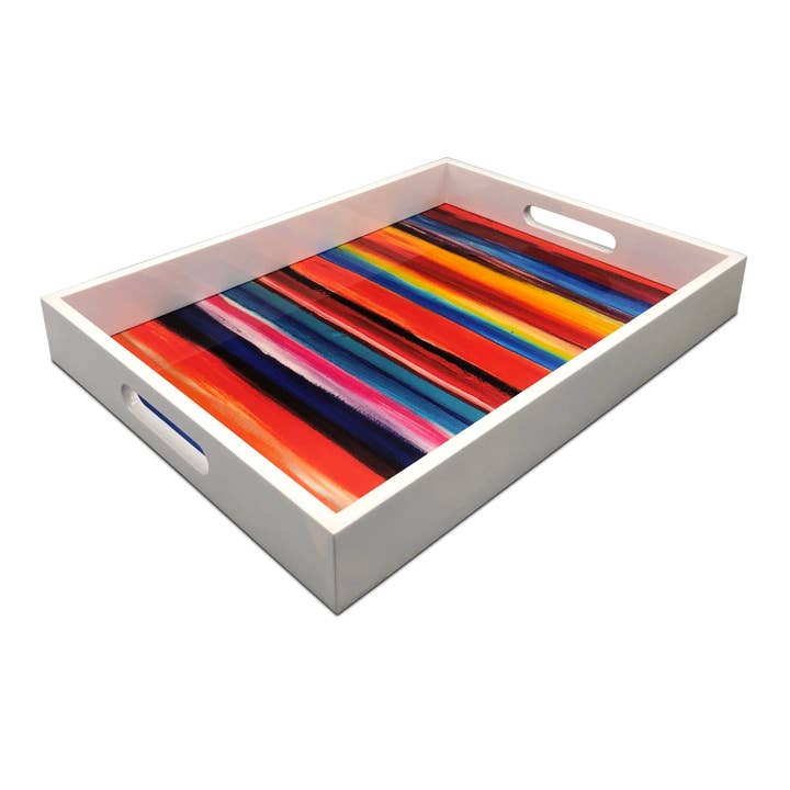 Handmade contemporary lacquer wood tray with multi color abstract titled: “Tuffi Fruitti” designed by “Magic Hill for wholesale by Magic Hill - Mercantile