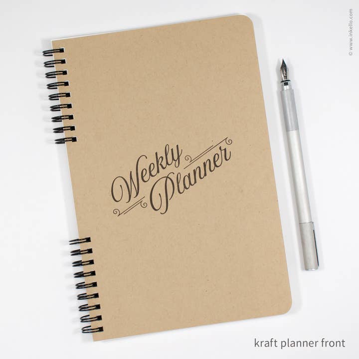 Weekly Planner with Kraft Cover and Black Script Design #492 for wholesale by Inkello Letterpress