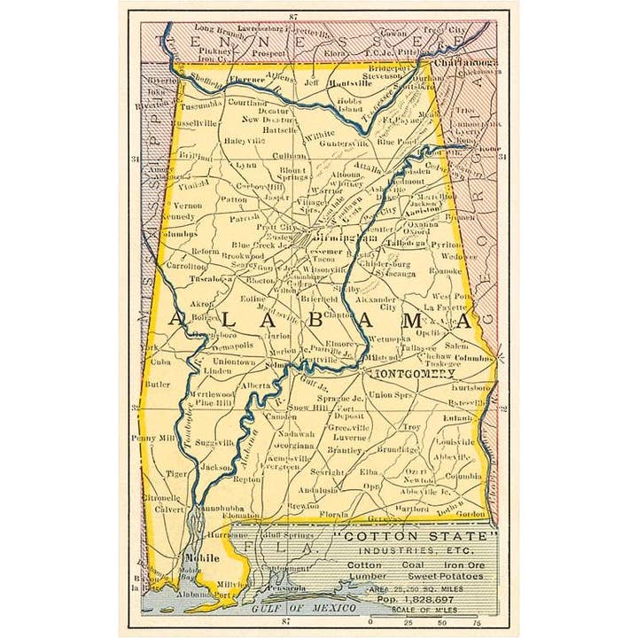 Carte postale AL-76 Carte de l'Alabama pour la vente par Found Image Press