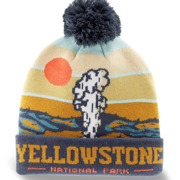 Yellowstone National Park Knit Beanie Hat with Pom Pom Winter Outdoor Geyser Design Cap for wholesale by Northern Icons Creations INC