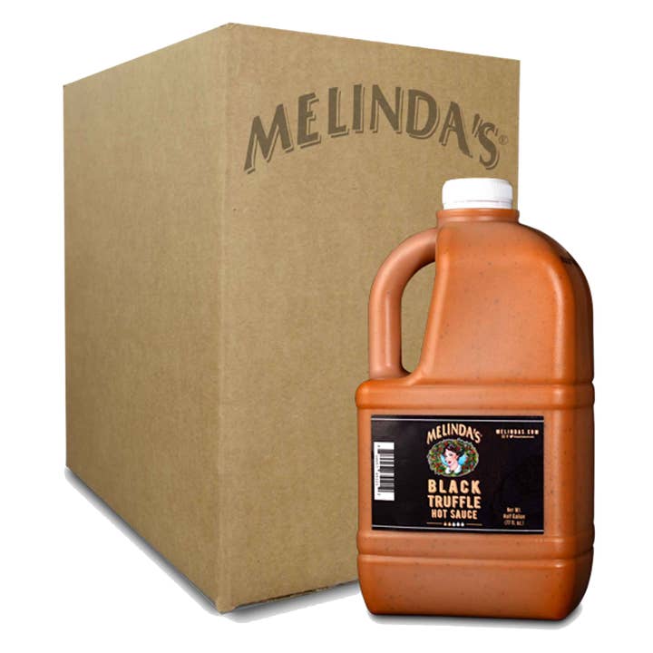 Melinda’s Black Truffle Hot Sauce Half Gallon Case for wholesale by Melinda’s Foods, LLC