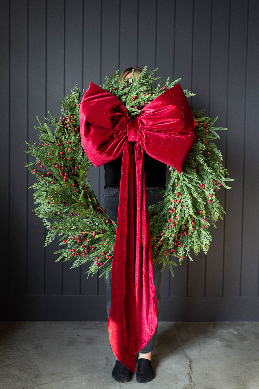 Luxe B Co - Wholesale Wreath - Red Plum Berry Norfolk Cypress Real Touch Wreath - 34"1