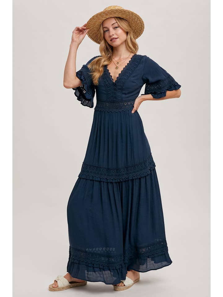 Bluivy - Wholesale Dress - Women's - V-NECK LACE TRIM MAXI DRESS