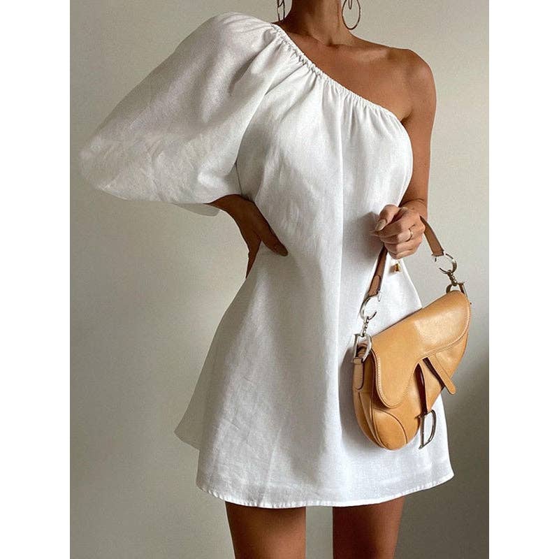 Sheer Trend - Wholesale Dress - Women's - Loose Three-Quarter Sleeves Asymmetric Elasticity Solid Color One-Shoulder Mini Dresses4