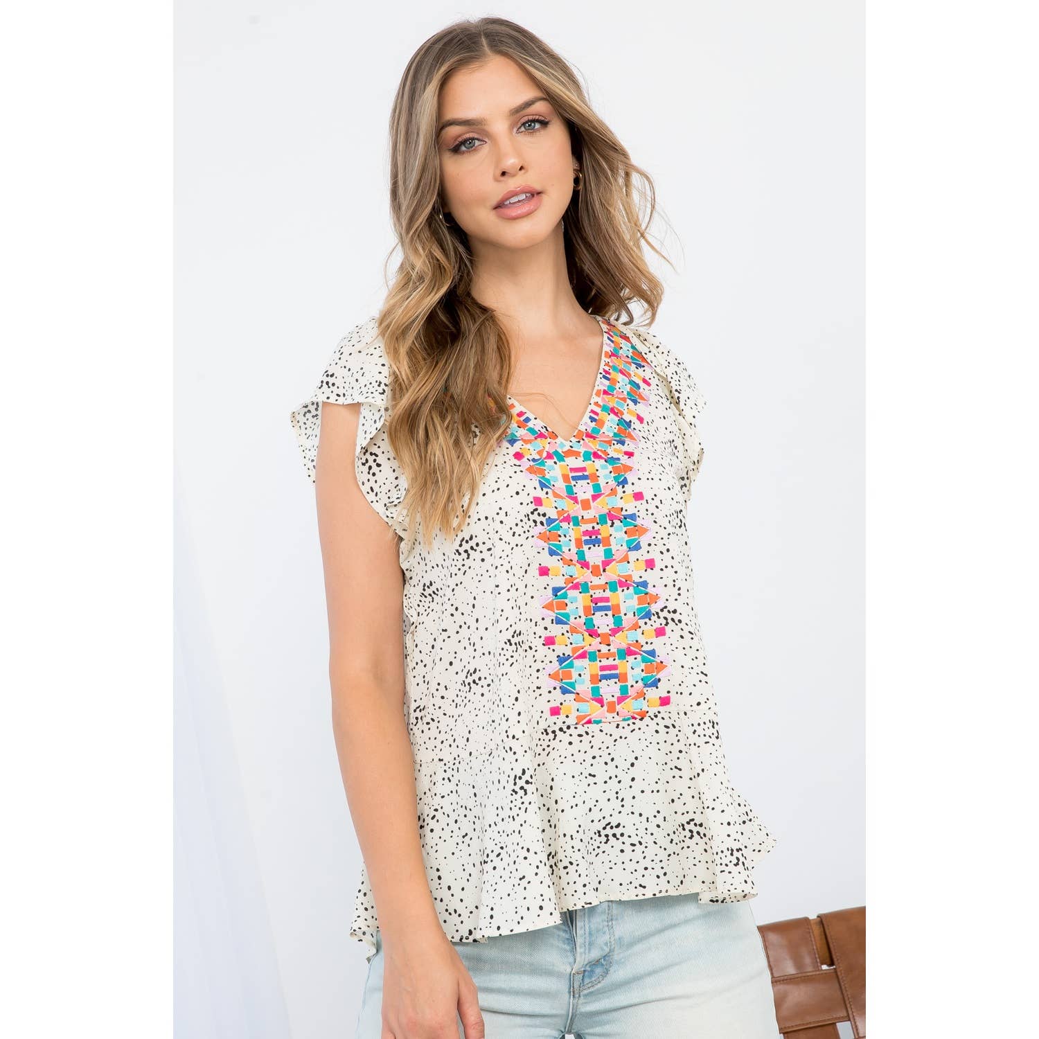 THML - Wholesale Blouse - Women's - Embroidered Flutter Sleeve Blouse13