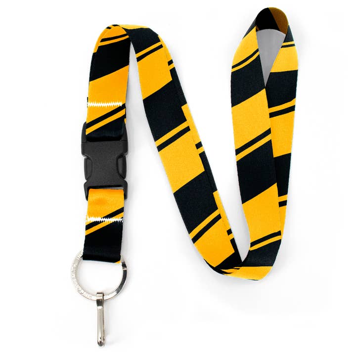 Premium Black Yellow Striped Lanyard with Buckle & Flat Ring for wholesale by Buttonsmith