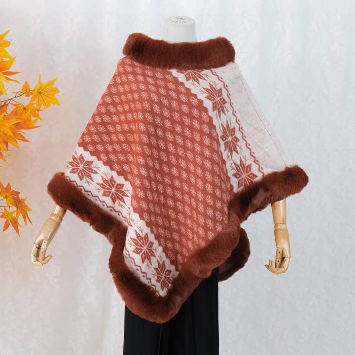 Hand Knit Faux Fur Boho Poncho with Snow Flake Design for wholesale by Karma Nepal Crafts