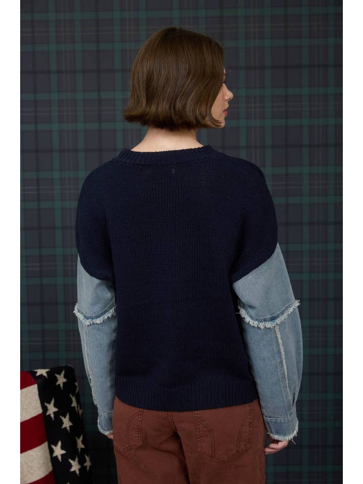 J.O.A - Wholesale Knit Sweater - Women's - AMERICAN FLAG DISTRESSED DENIM SLEEVE KNIT SWEATER1