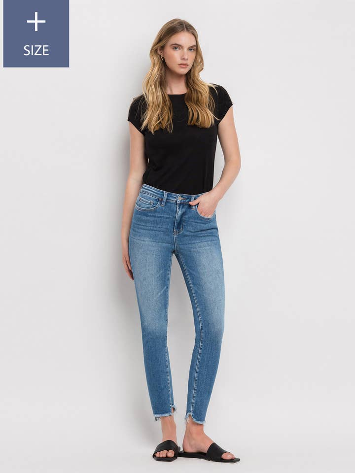 PLUS SIZE HIGH RISE RAW STEP HEM ANKLE SKINNY JEANS T5413-P for wholesale by VERVET by FLYING MONKEY