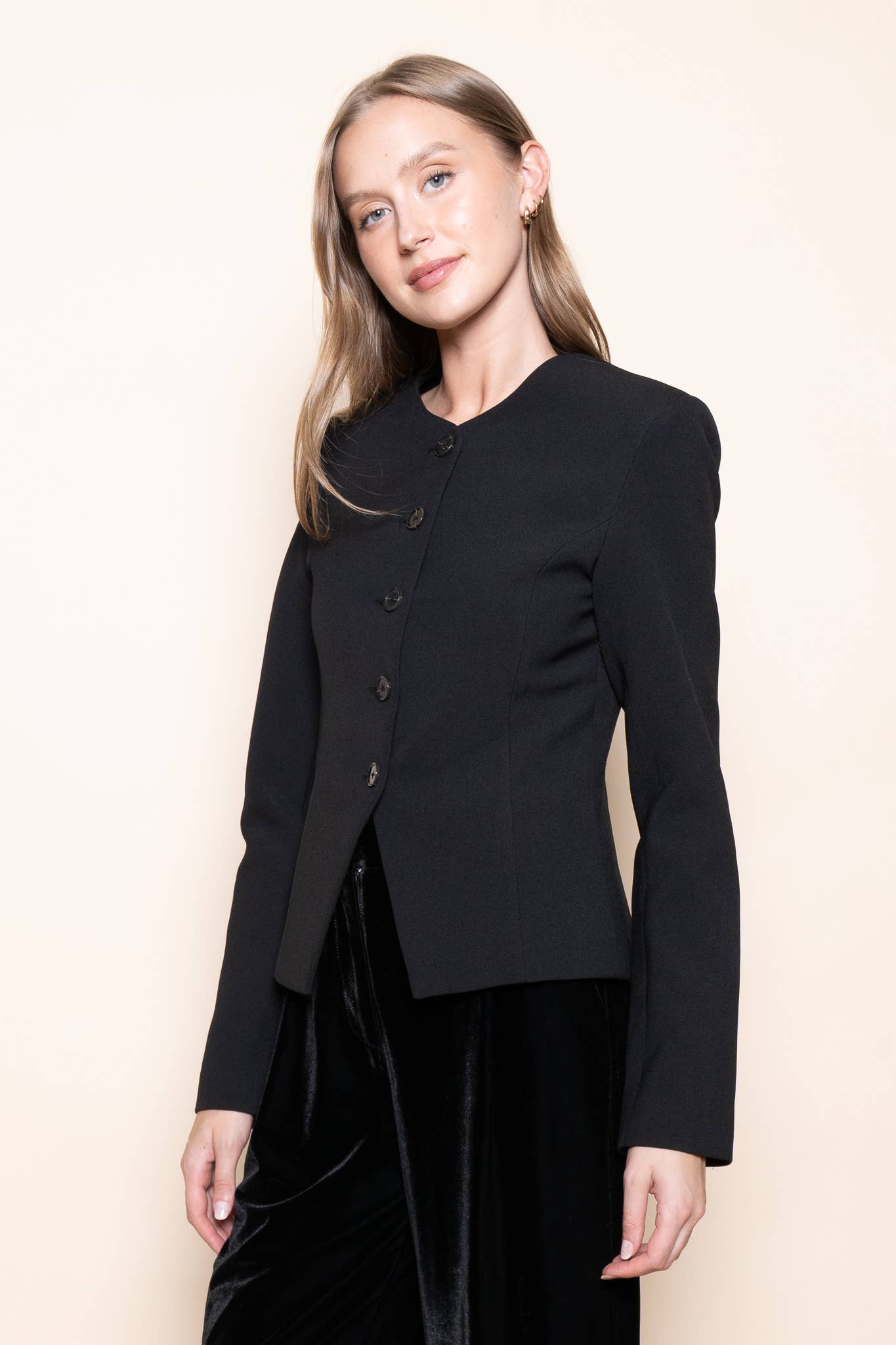 Black BASIC CHIC ROUND NECK BUTTON UP JACKET BLAZER-OI6695FO for wholesale on Faire3
