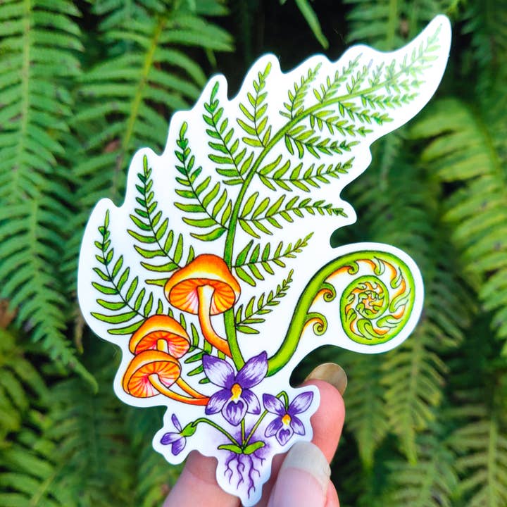 Crafted from Scratch - Wholesale Sticker - Spring Equinox - Vinyl Sticker Art - Fiddlehead Fern Foraging Floral Wild Violet Mushroom Nature PNW Hiking Watercolor