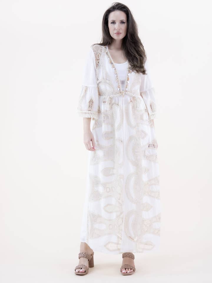 Lace Cotton Long Sleeve Front Tie Sheer Maxi Robe for wholesale by Original USA