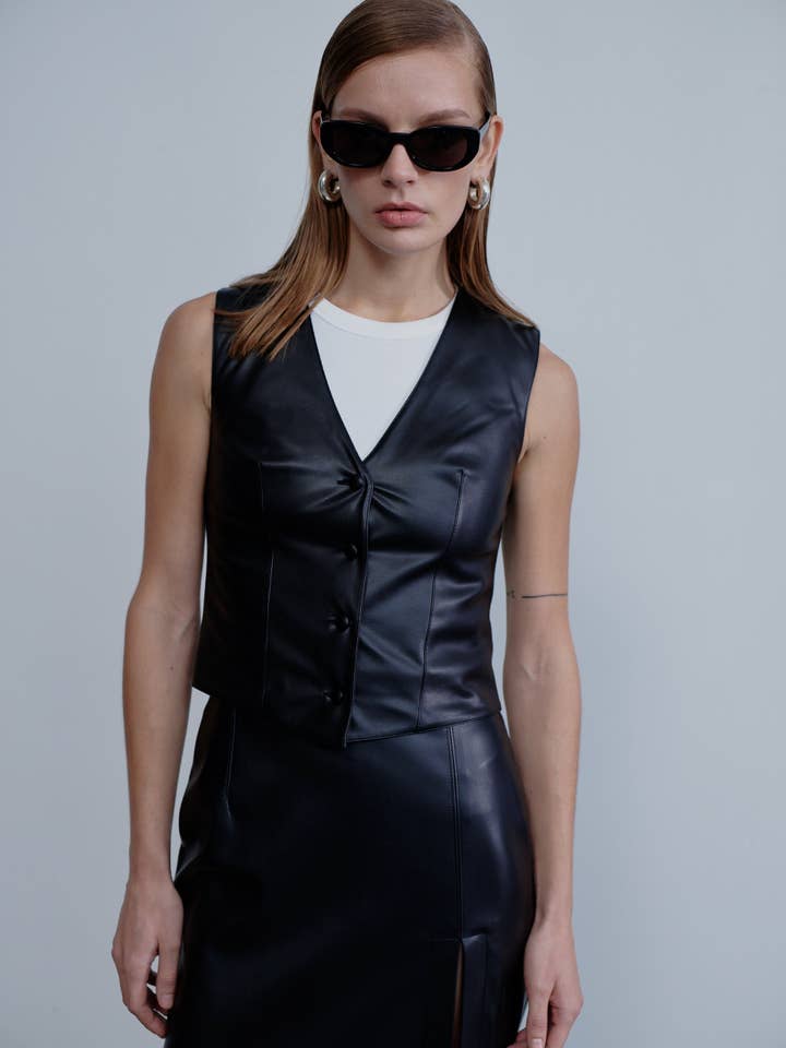 Brita Vegan Leather Vest in Noire for wholesale by NAZLI CEREN