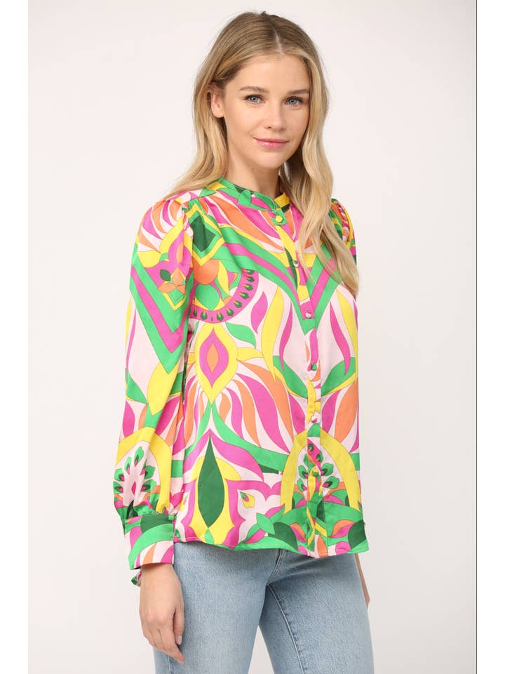YELLOW PINK ABSTRACT PRINT STANDING COLLAR BUTTON DOWN SHIRT FT8911 for wholesale on Faire