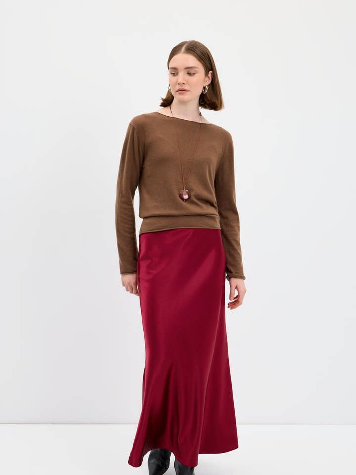 Satin Long Pencil Skirt Burgundy for wholesale by Kadriye Baştürk