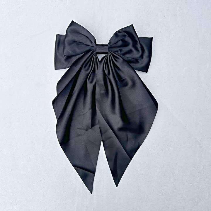 Black Satin Hair Bow Black Hair Clip Long Bow for wholesale by QueenMee Accessories