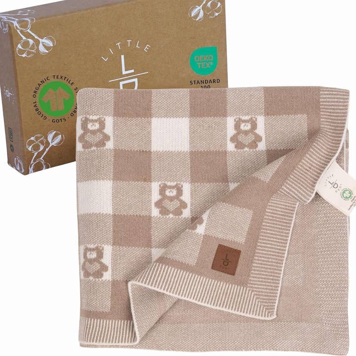 Gender-Neutral Checkered Baby Blanket 80x100cm - Bear for wholesale by Little Dedi