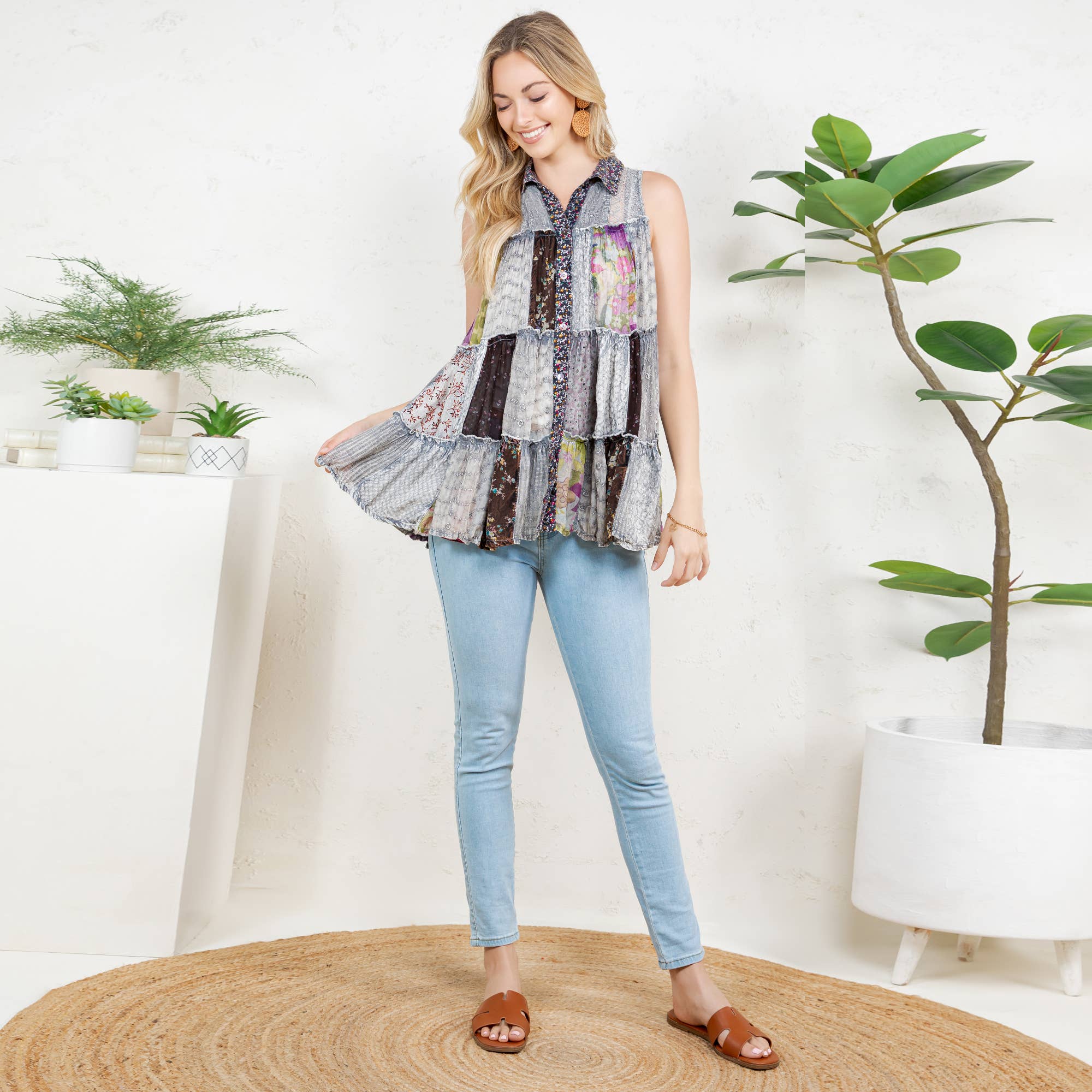 Young Threads - Wholesale Button Down Shirt - Women's - Boho Chic Nomad Patchwork Buttondown Top Sleevel (New Color)22