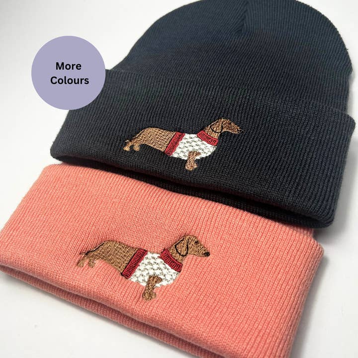 Dachshund embroidered beanie hat - unisex for wholesale by Thread and Needles Co