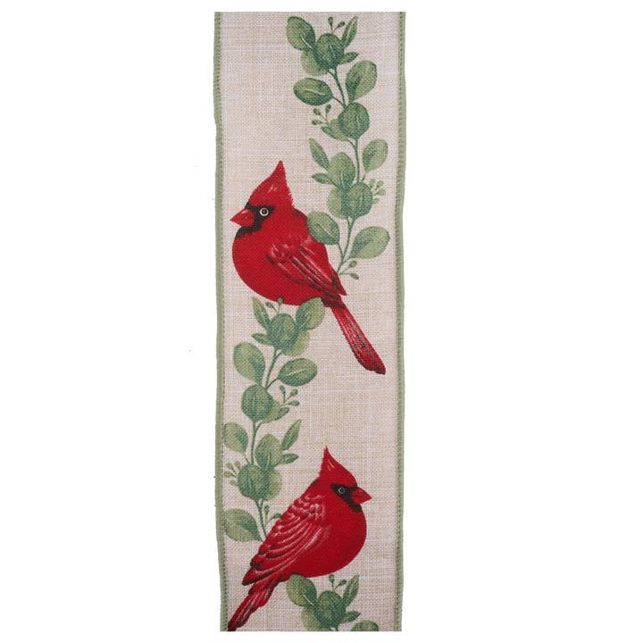 2.5 Inch Cardinal on Eucalyptus Light Natural Red Green Ribbon RGF195118 for wholesale by Trendy tree