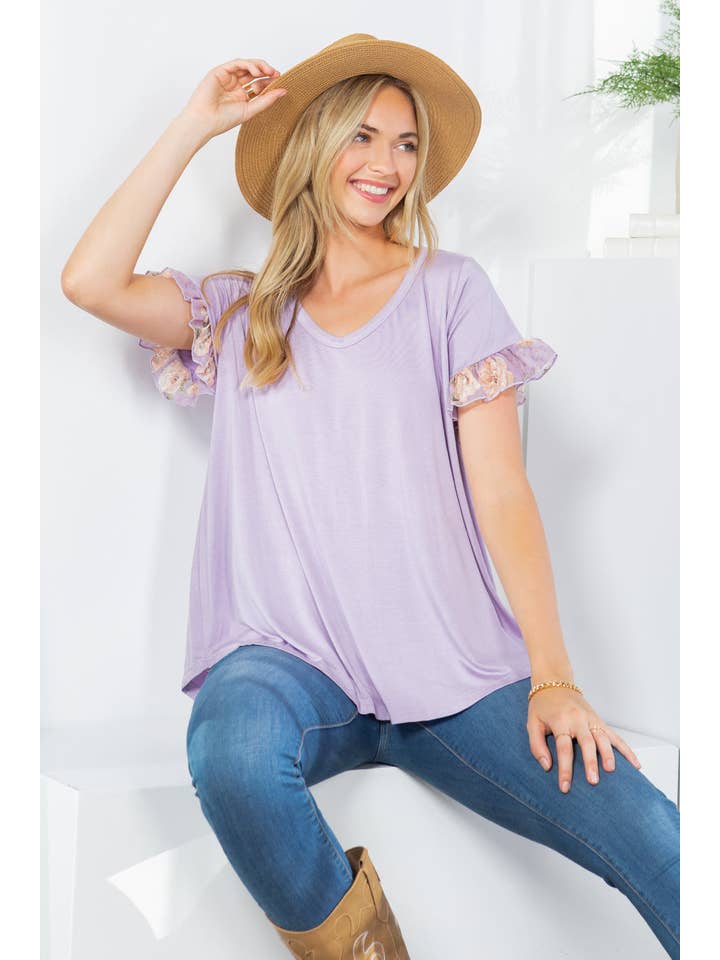 Orange Farm Clothing - Vendita all'ingrosso Tunica - Donna - Manica con volant e scollo a V a contrasto -2 colori4