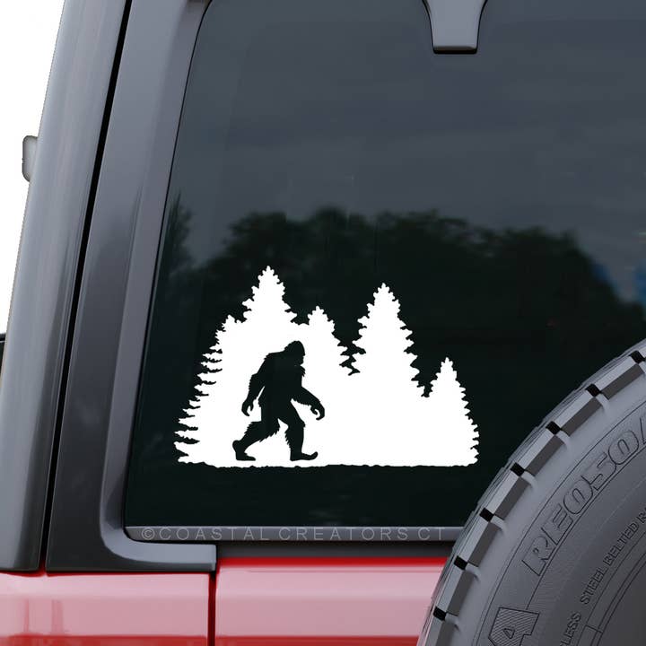 Bigfoot Sasquatch Trees White Vinyl Window Decal (Packaged) for wholesale by Coastal Creators of Connecticut