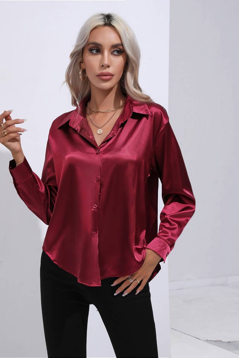 NINEXIS - Wholesale Button Down Shirt - Women's - CWTBLL0690_Button Down Silky Satin Long Sleeve Top7