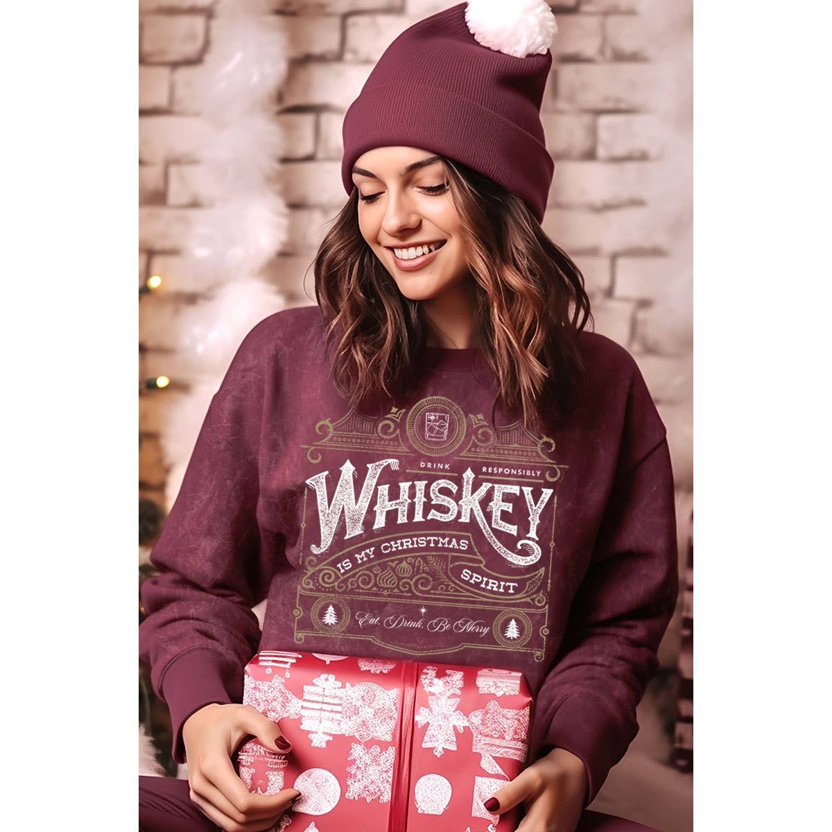 HRTandLUV - Wholesale Sweatshirt - Women's - WHISKEY IS MY CHRISTMAS MINERAL GRAPHIC SWEATWHIRTS0