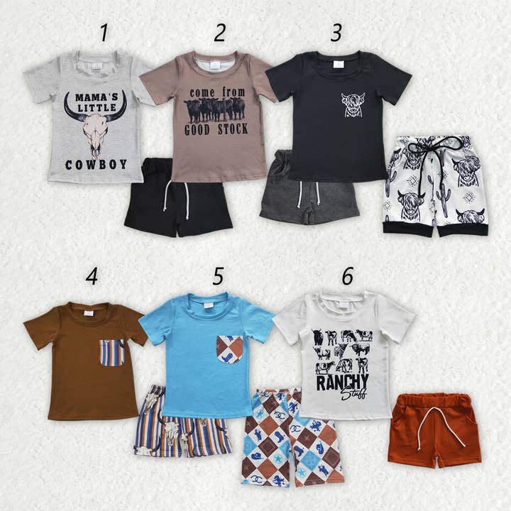 Sibling Brothers Baby Boys Cowboy Western Summer Shorts Sets for wholesale by Aier Wholesale