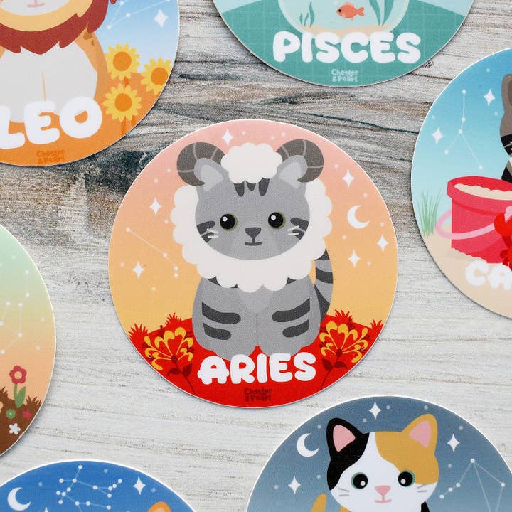 Chester and Pearl - Wholesale Sticker - Aries Zodiac 3-in. Vinyl Cat Sticker1