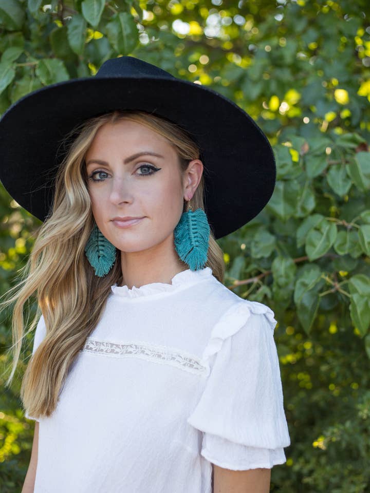 Teal Blue Macrame Leaf Earrings for wholesale by Baubles by B