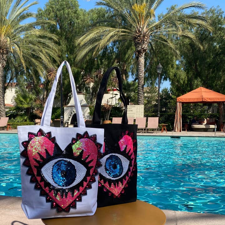 Karens Line - Wholesale Tote Bag - Women's - Evil Eye Canvas Tote Bags Pink Heart Sequins
