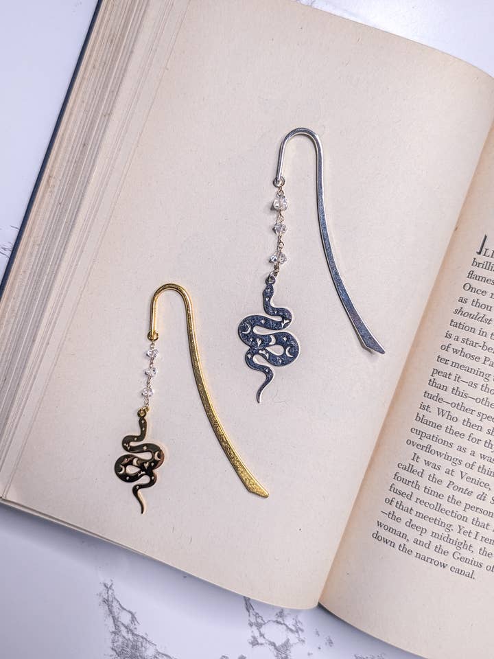 Celestial Snake Metal Hook Bookmark, Choice of silver/gold for wholesale by Bookish Trinkets