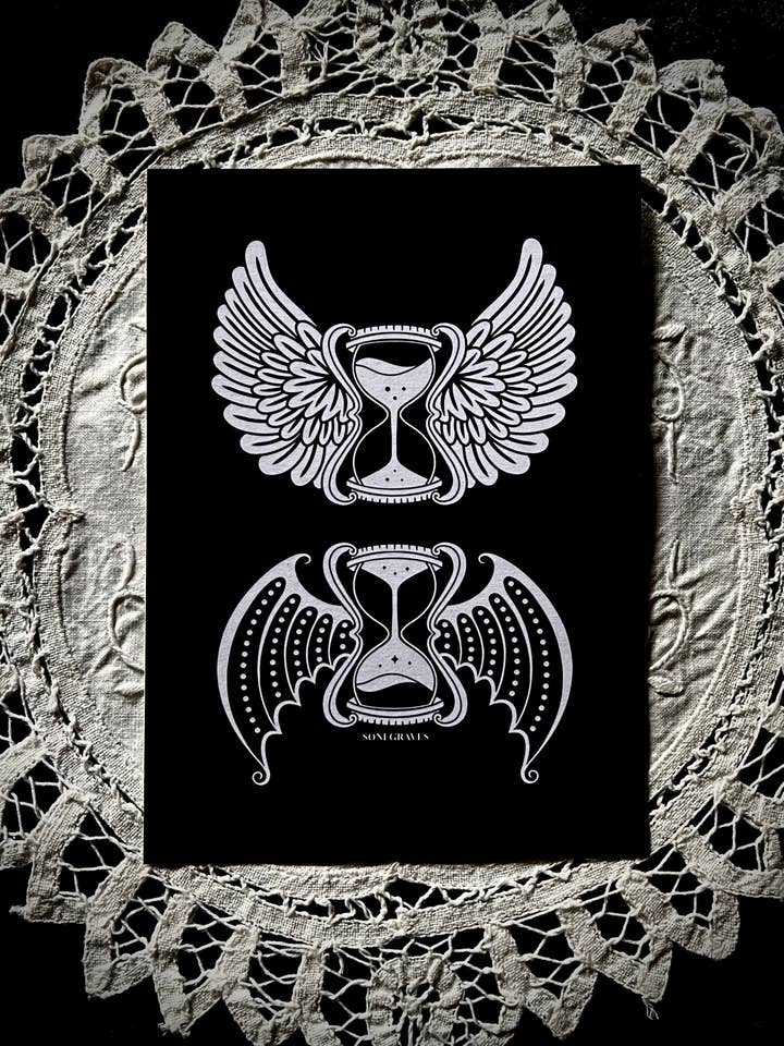 Flying Hourglass Print, 5x7", Spooky Gothic Dark Art for wholesale by Soni Graves