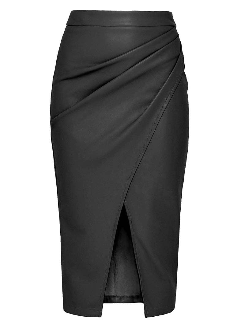 safistyle - Wholesale Skirt - Women's - Ruched Faux Leather Split-Hem Midi Skirt0