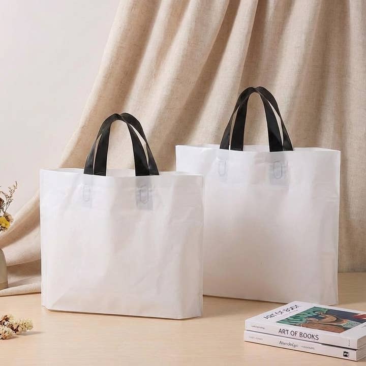 50pcs, 3 sizes White PVC gift bag with Black handle for wholesale by ByHome