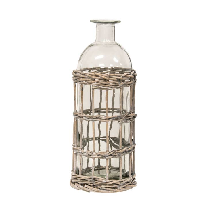 Col House Designs - Wholesale Decorative Tabletop Object - Graywash Willow Wrapped Glass Bottle, 9" H