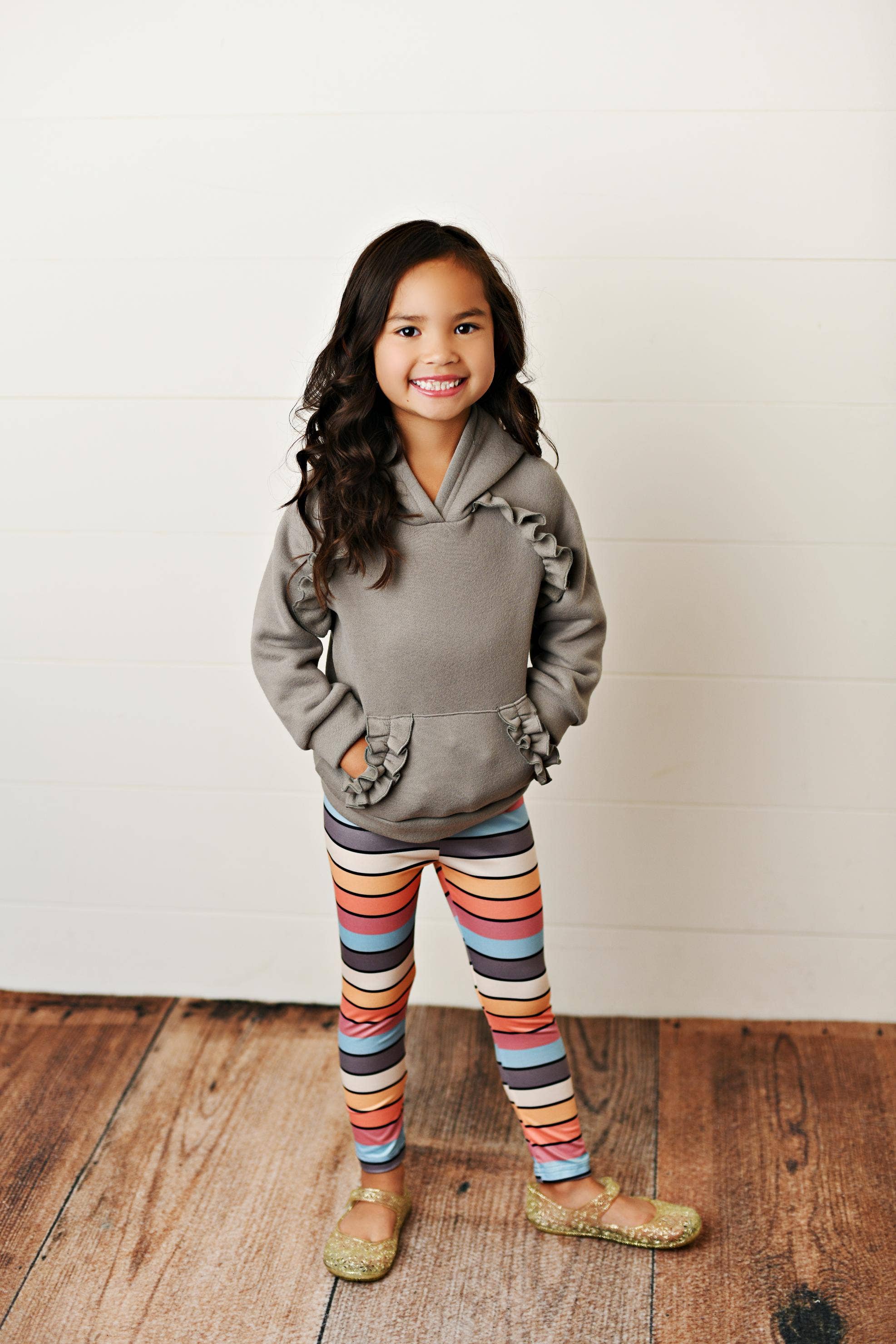 Adorable Sweetness - Wholesale Top & Leggings Set - Kids - Kids Gray Ruffle Hoodie and Rainbow Stripe Leggings Fall Set