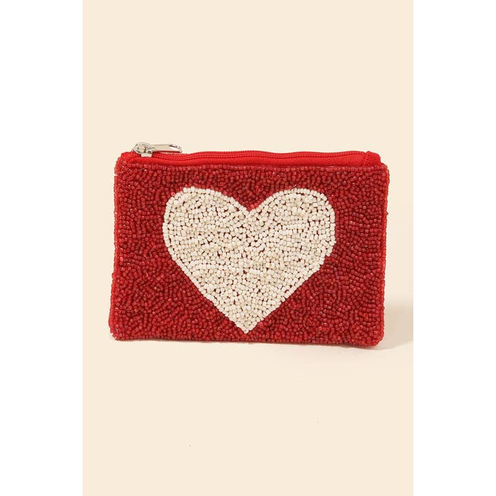RED White Heart Seed Beaded Coin Purse for wholesale on Faire
