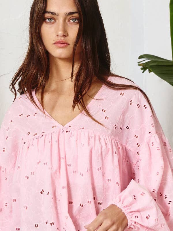 BUCKETLIST OUTLET - Wholesale Blouse - Women's - T1042K OUTLET SALE Puff Sleeve Eyelet Lace Babydoll Tunic