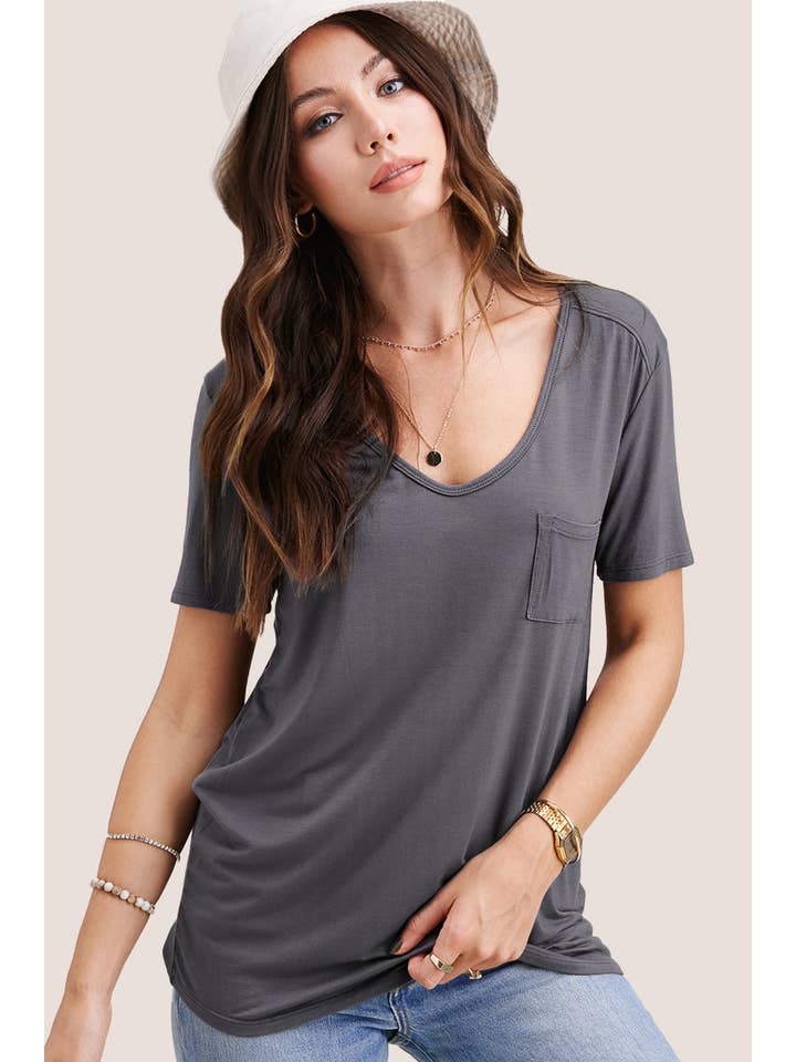 La Miel - Wholesale T-shirt – women's - HUT7182-Super Soft Front Pocket Short Sleeve Basic Top27