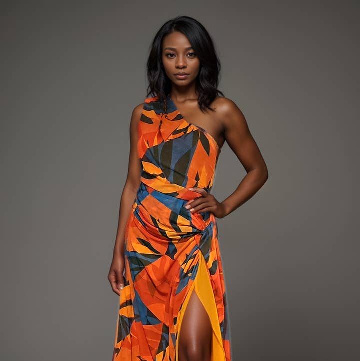 Rachel One Shoulder Orange Abstract Print Maxi for wholesale by Nina Cheyenne Apparel
