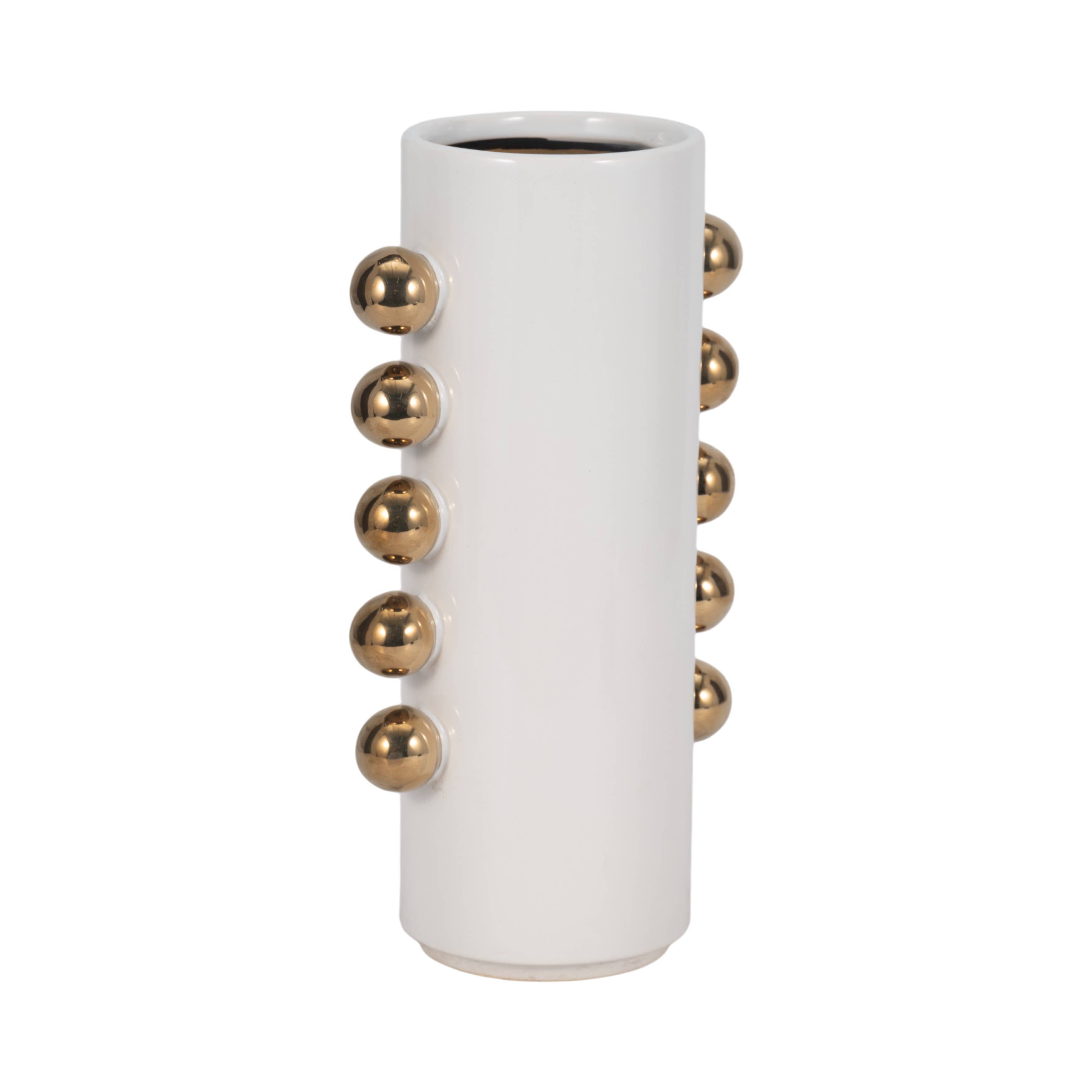 Sagebrook Home - Wholesale Vase - Vase - White/Gold Ceramic Cylinder with Side Knobs, 13 in.5