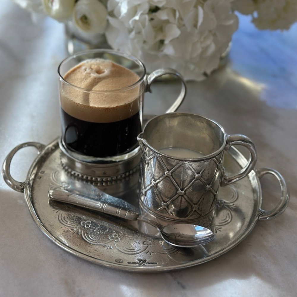 Arte Italica & Crown Linen Designs – wholesale Decorative tray – Vintage Pewter Round Tray With Handles5