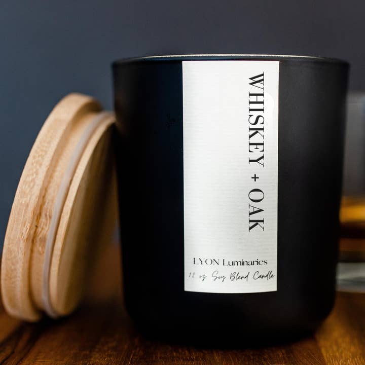 Whiskey + Oak Luxury Soy Blend Candle for wholesale by LYON Luminaries Candle Co.