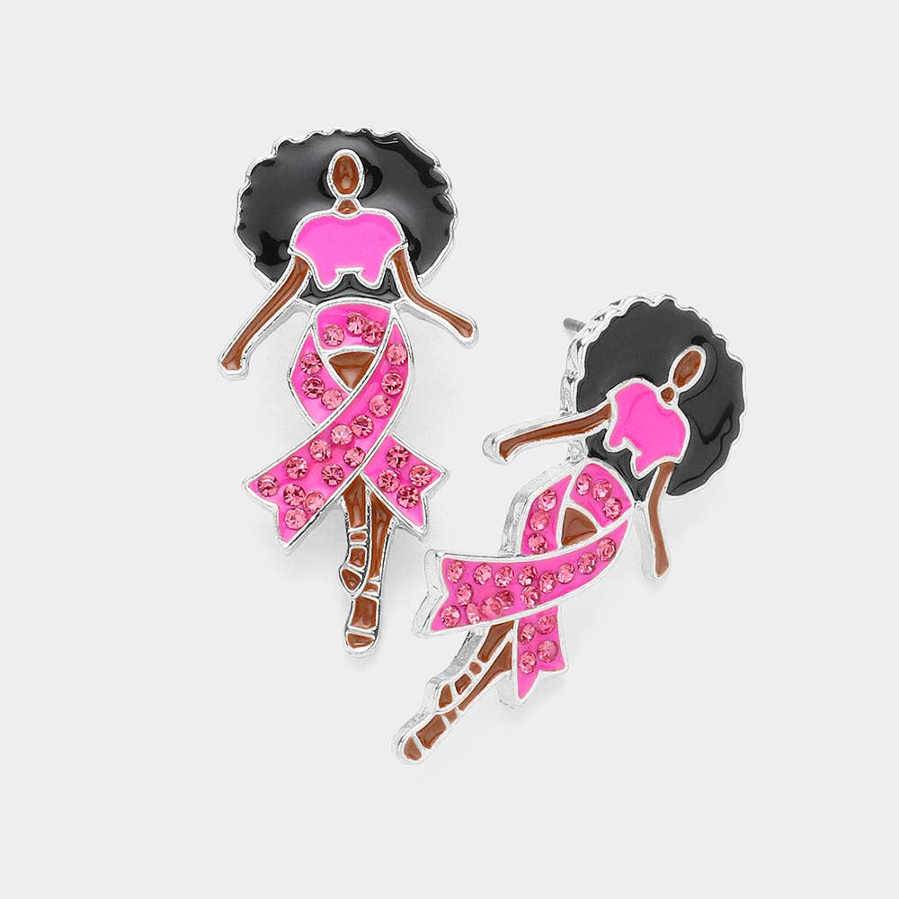 Sensibling Corp. - Wholesale Stud/Post Earrings - Stone Paved Pink Ribbon Enamel Afro Woman Earrings6