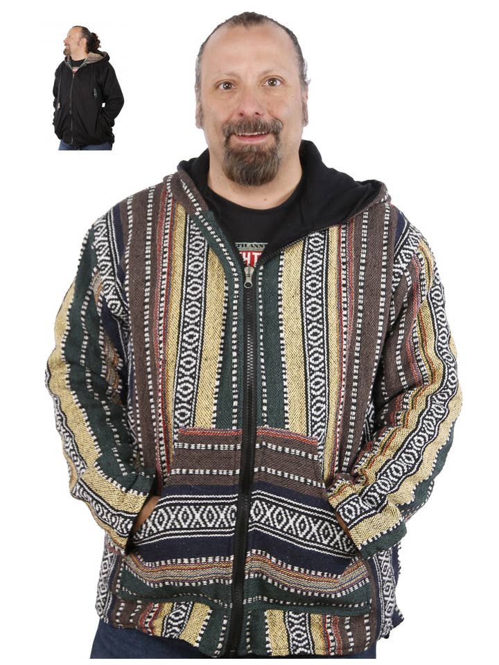 Sunshine Joy - Wholesale Hoodie - Men's - Reversible Fleece Lined Woven Baja Style Hoodie Zip Up Earth