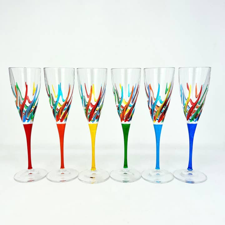 Via Graceffo - Wholesale Champagne Flute - Trix Champagne Flutes Set of 2, Hand-Painted Italian Crystal