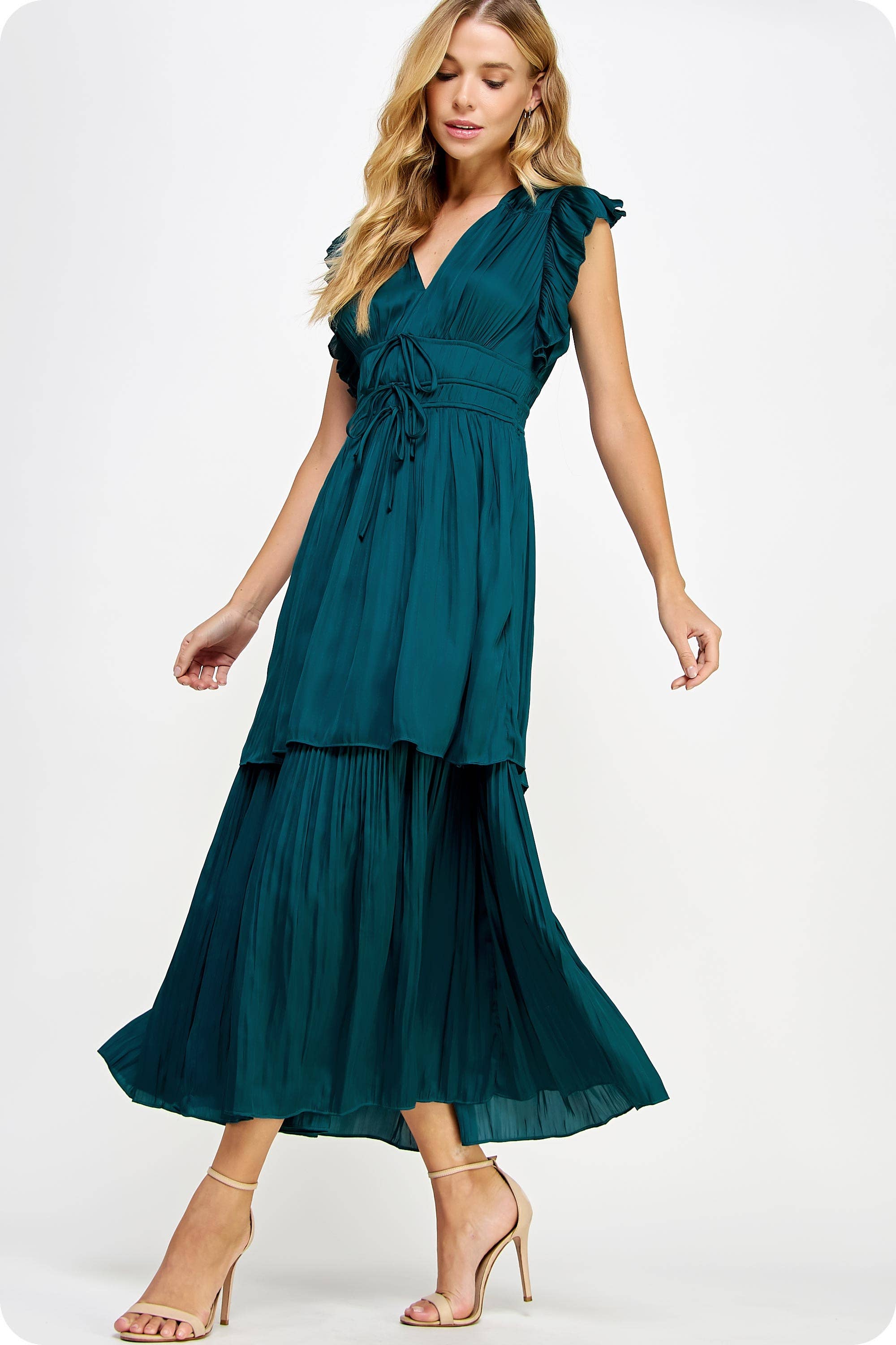 Strut & Bolt – wholesale Dress – Women's – Ruffled Pleated Satin Long Dress10
