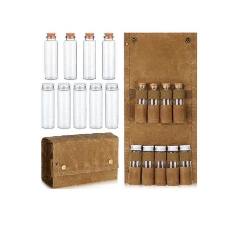 VIGOR - Vente Sets de voyage - Trousse à épices de voyage en toile cirée imperméable Sac de rangement pour bouteilles d'assaisonnement Ustensiles de camping en plein air Porte-épices de voyage Bushcraft (lot de 10)6